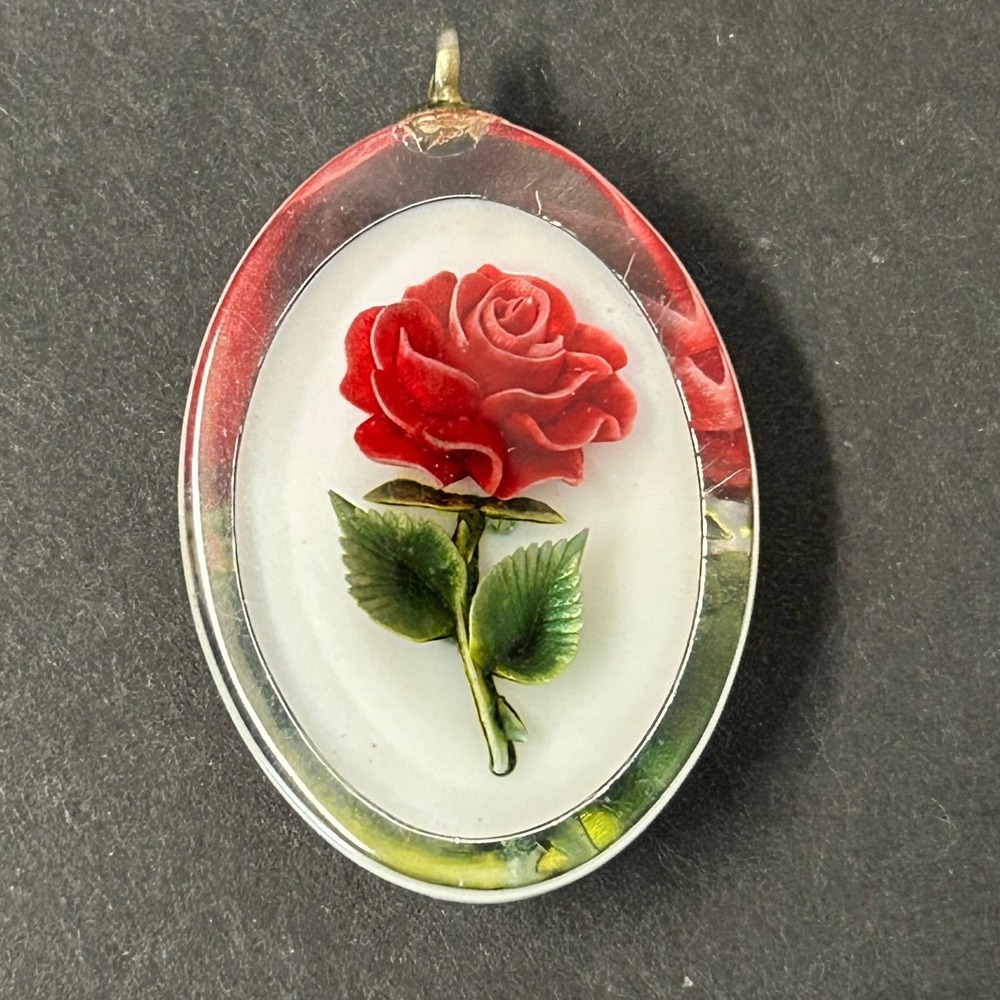 Vintage Pendant Red Rose 3D Resin Oval Botanical Flower